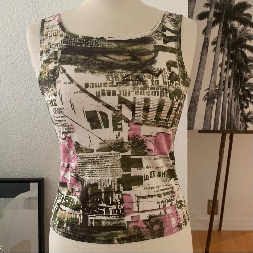 Tank top in green and pink on cream print (abstract photo/ letters mix)